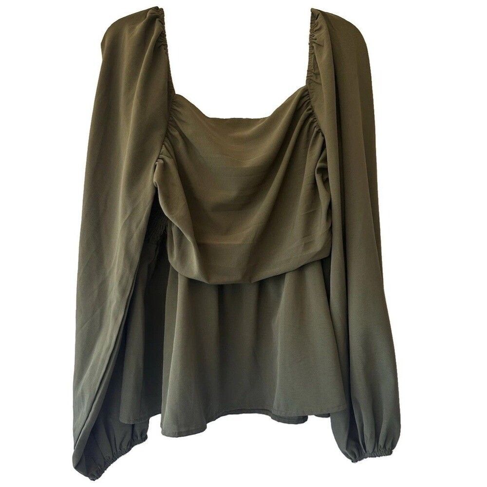 SHEIN olive green blouse draped square neckline bishop sleeves Peasant Top XL/12
